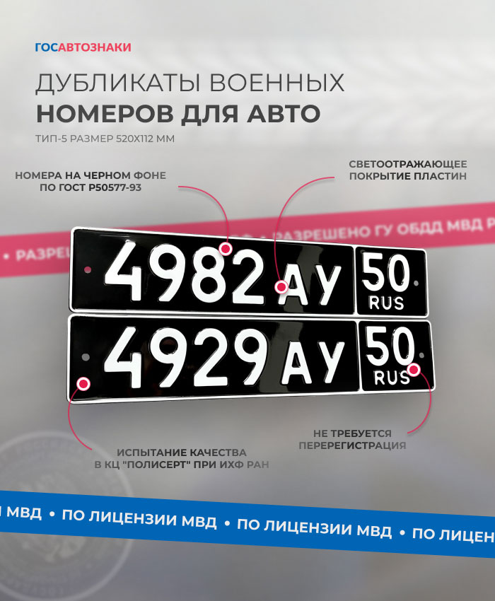 Дубликаты военных номеров на черном фоне для авто